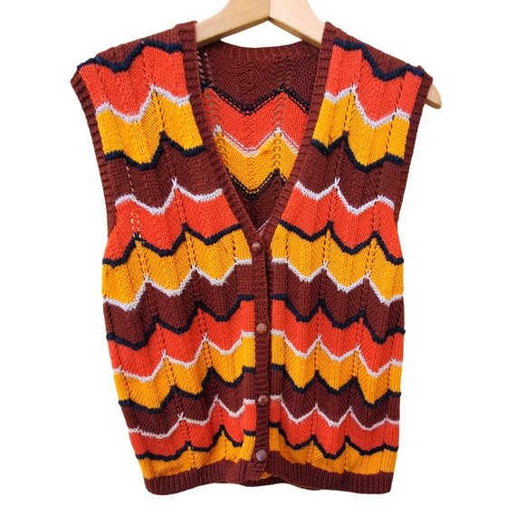 Vintage 70s Hand Knit Vest Retro Orange Chevron Sleeveless Sweater Hippie Boho M - Picture 11 of 11